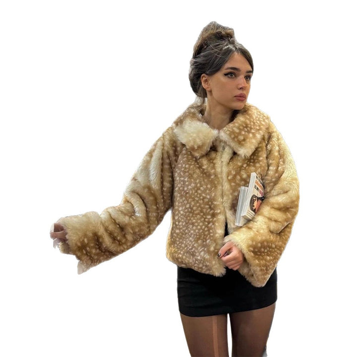 Damen Kunstfelljacke mit weitem Kragen und eleganten Rüschen Drune