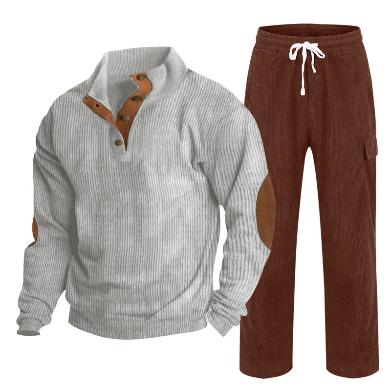 Herren nan strukturiertes Cord-Henley-Loungewear-Set mit Ellenbogenpatches und Cargo-Jogpant Drune