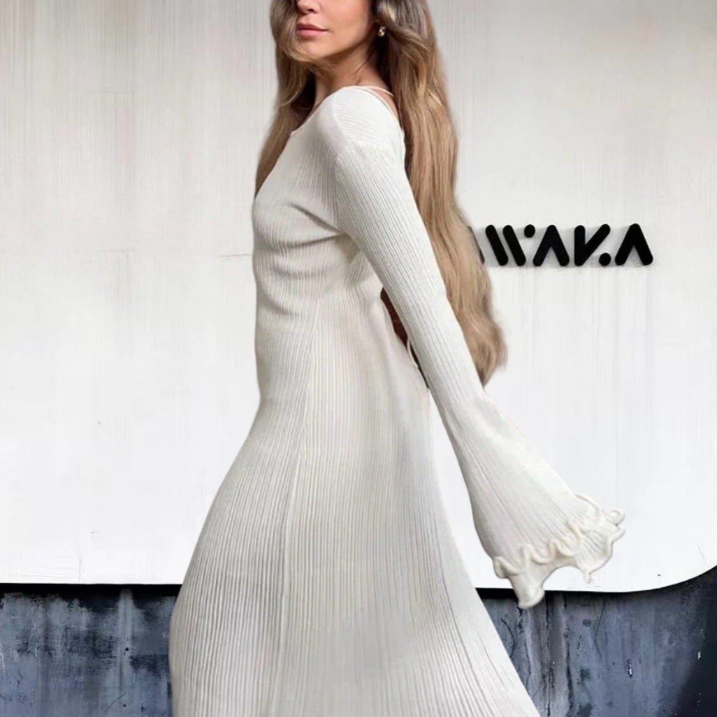 Damen Elegantes Maxikleid mit raffiniertem Rippdesign und fransigen Ärmeln Drune