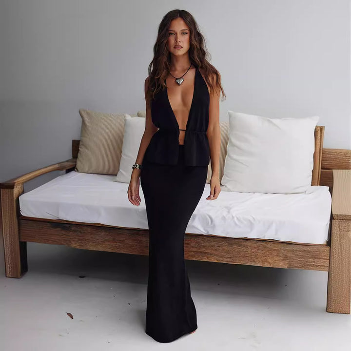 Damen elegantes Wickel-Top mit asymmetrischem Design und passendem Maxirock Drune