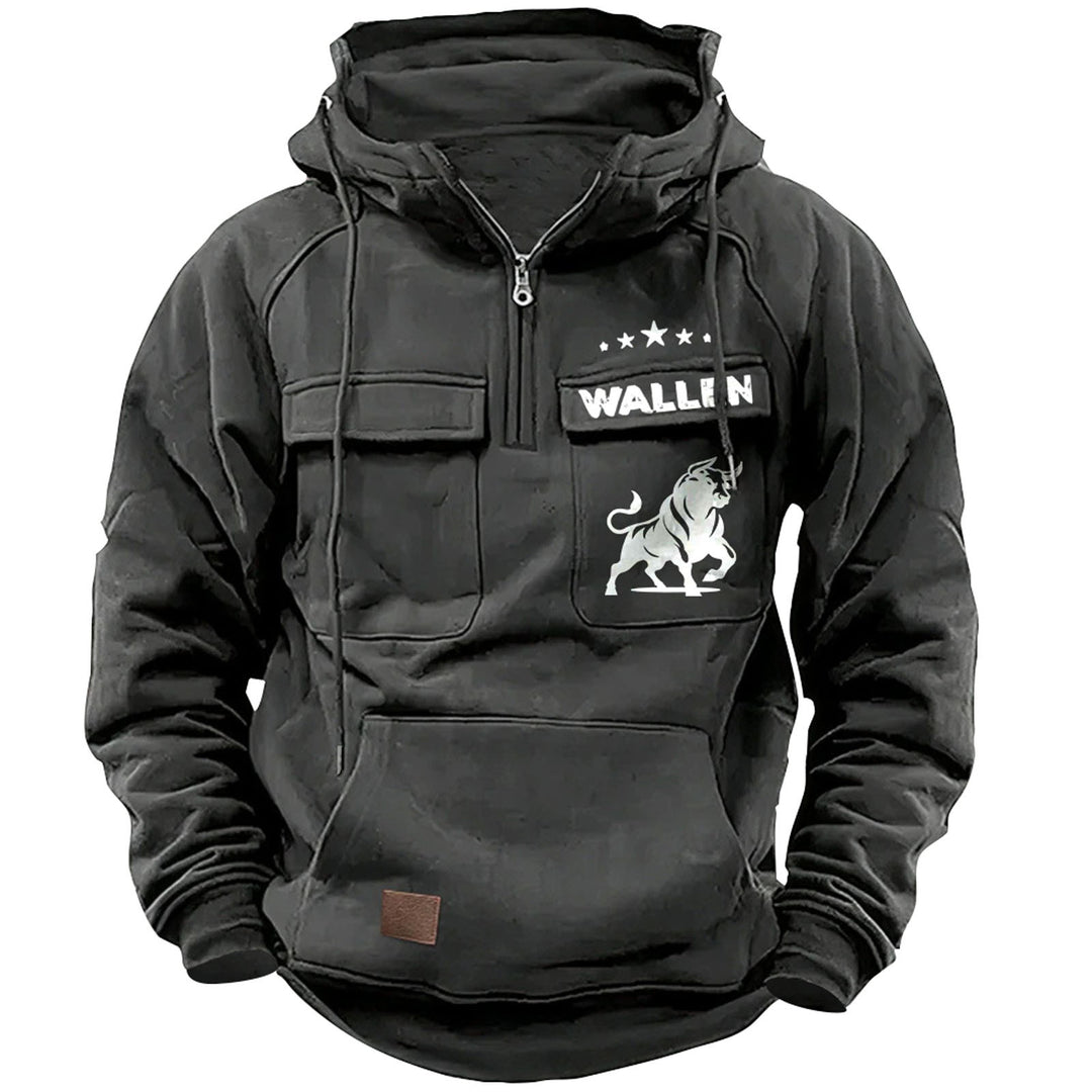 Herren nan Kapuzenpullover mit Halbzip, Cargo-Brusttaschen und Kängurutasche Drune