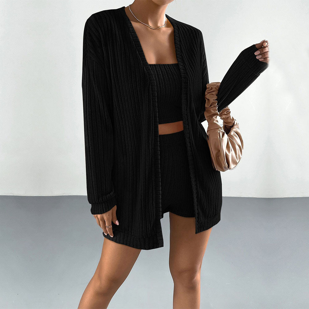 Damen Strickwaren Set mit figurbetonendem Oberteil und langem Cardigan Drune
