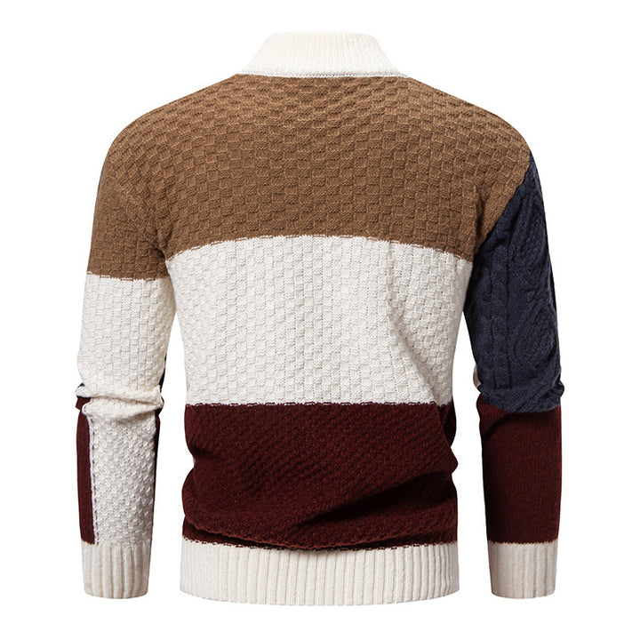 Herren nan strukturierter Patchwork-Strickpullover mit hohem Stehkragen und kombinierten Strickmustern Drune