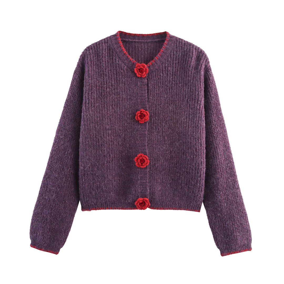 Damen Strickjacke mit dekorativen Blumenknöpfen Drune