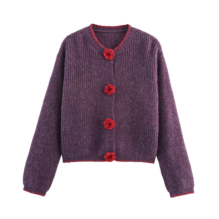 Damen Strickjacke mit dekorativen Blumenknöpfen Drune