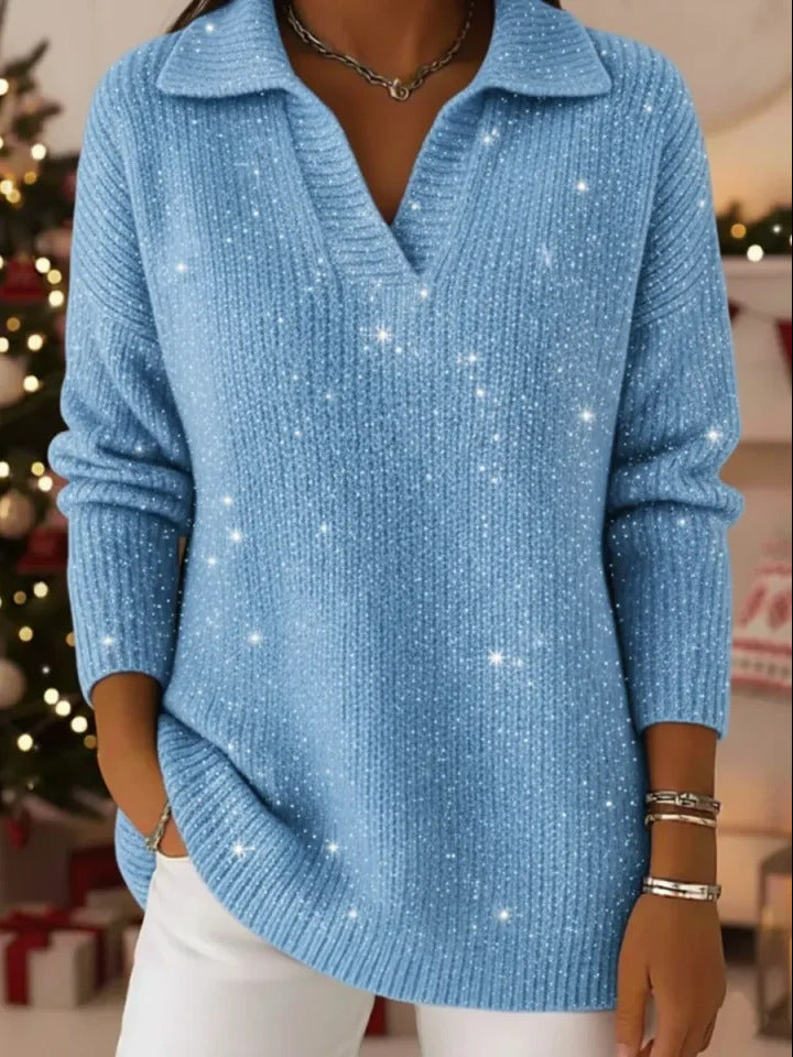 Damen schimmernder Strickpullover mit modernem Kragen Drune
