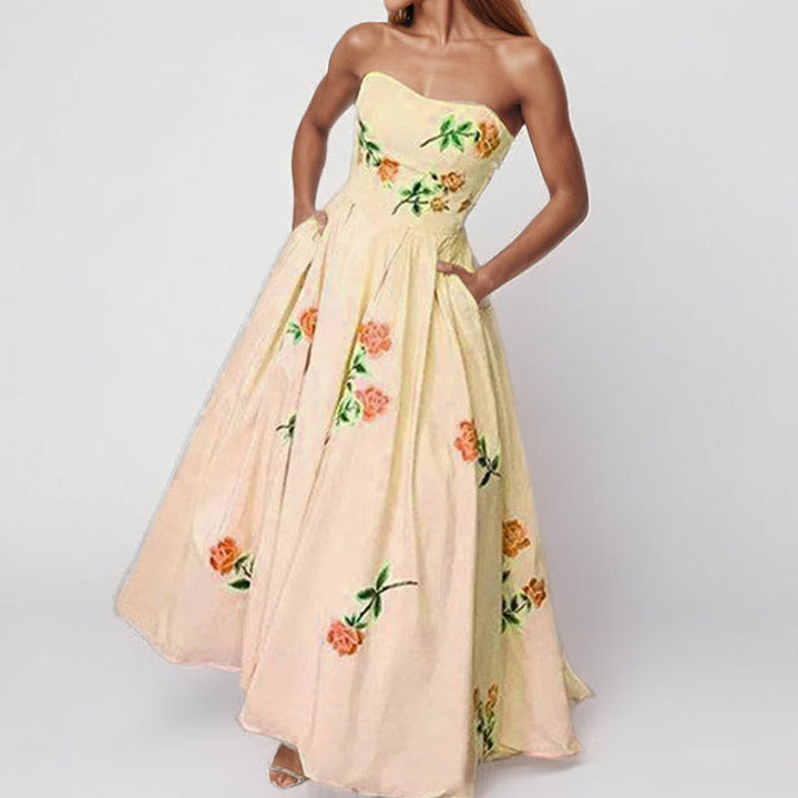 Damen Strapless Ballkleid mit eleganten Stickereien und weitem Rock Drune