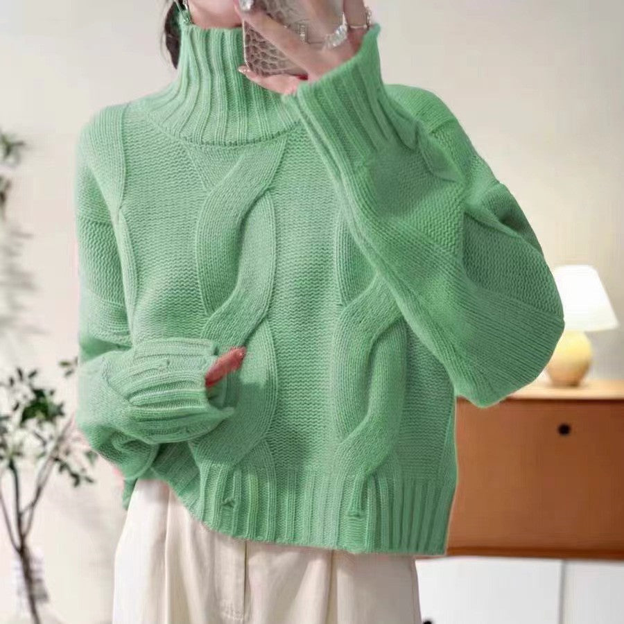 Damen Strickpullover mit hohem Kragen und Zopfmuster Drune