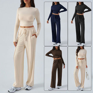 Damen lässiges Lounge-Set mit langärmligem Crop-Top und weitem Bund Drune