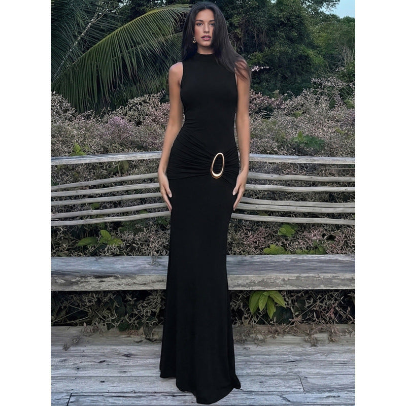 Damen Elegantes Maxikleid mit figurbetonendem Schnitt und dekorativem Taillengürtel Drune