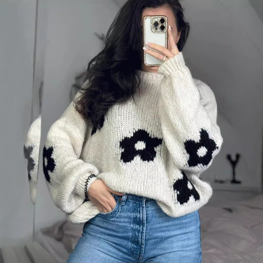 Damen kuscheliger Strickpullover mit einzigartigem Blumendesign Drune