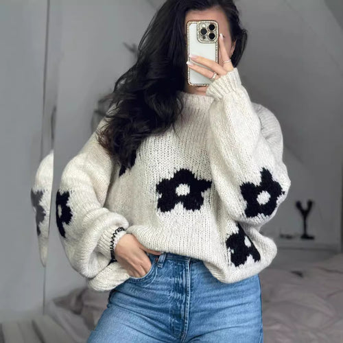 Damen kuscheliger Strickpullover mit einzigartigem Blumendesign Drune