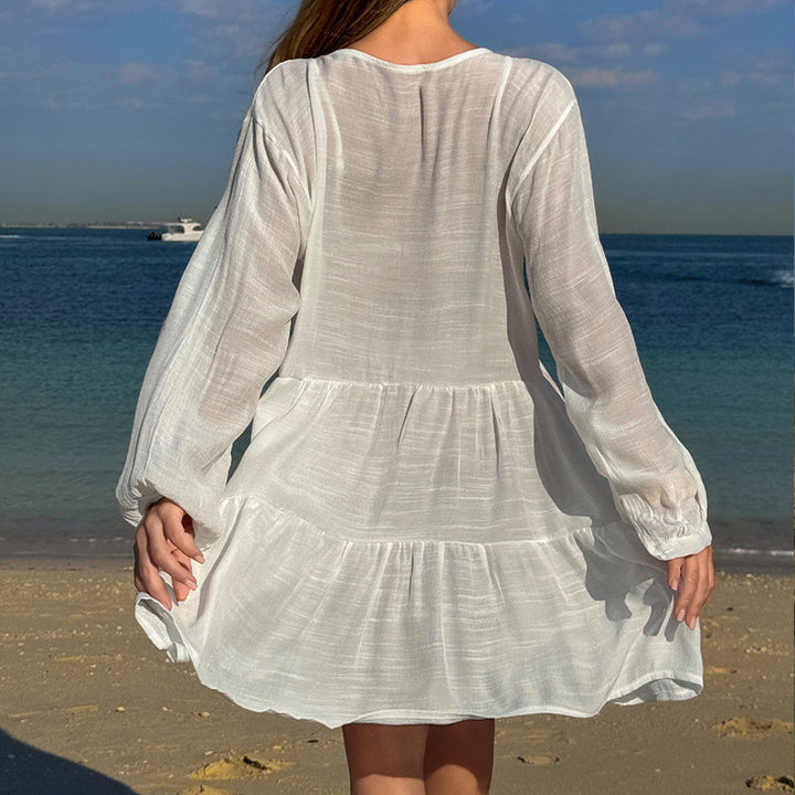 Damen luftiges Strandkleid mit Spitzenbesatz und Wasserfall-Saum Drune