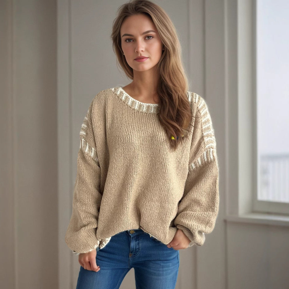 Damen lässiger Oversized-Pullover mit modischem Streifenmuster und strukturiertem Design Drune