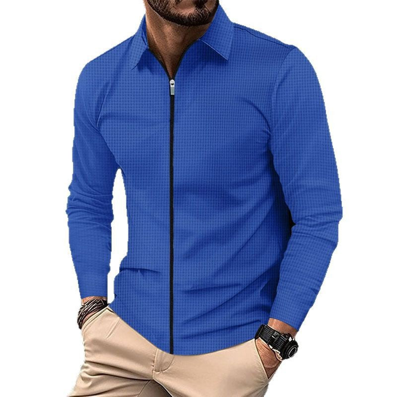 Herren nan feinstrukturiertes Langarm-Zipshirt mit Kentkragen und Waffelstruktur Drune