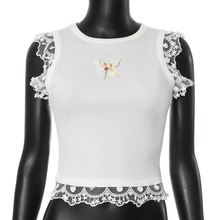 Damen zartes Crop-Top mit romantischer Spitzenkante Drune