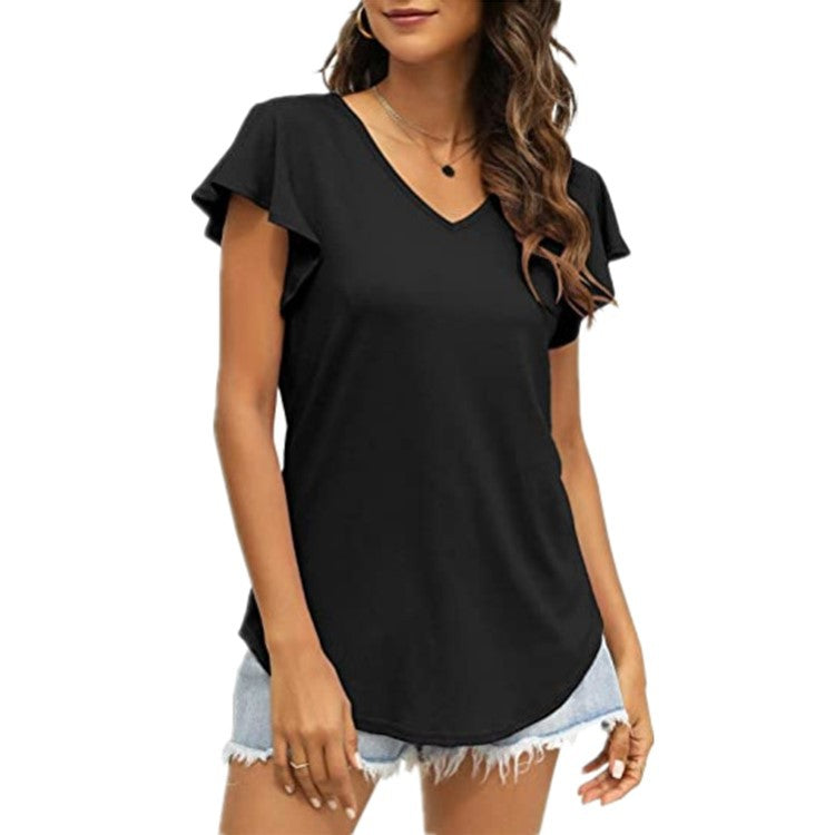 Damen V-Ausschnitt T-Shirt mit Rüschenärmeln und lässigem Schnitt Drune