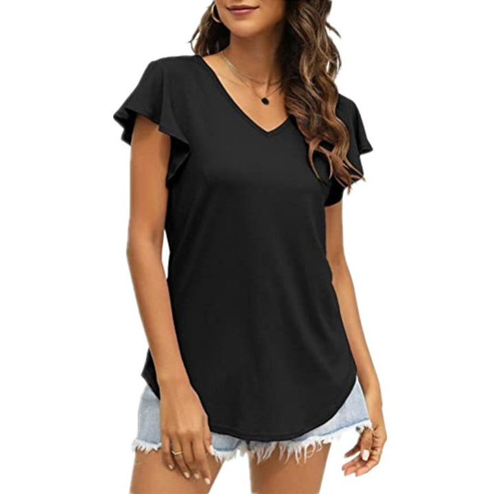 Damen V-Ausschnitt T-Shirt mit Rüschenärmeln und lässigem Schnitt Drune