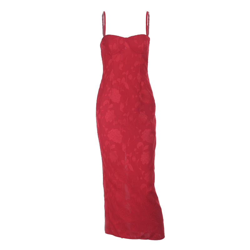 Damen figurbetontes Spitzenkleid mit Herz-Ausschnitt und Spaghetti-Trägern Drune