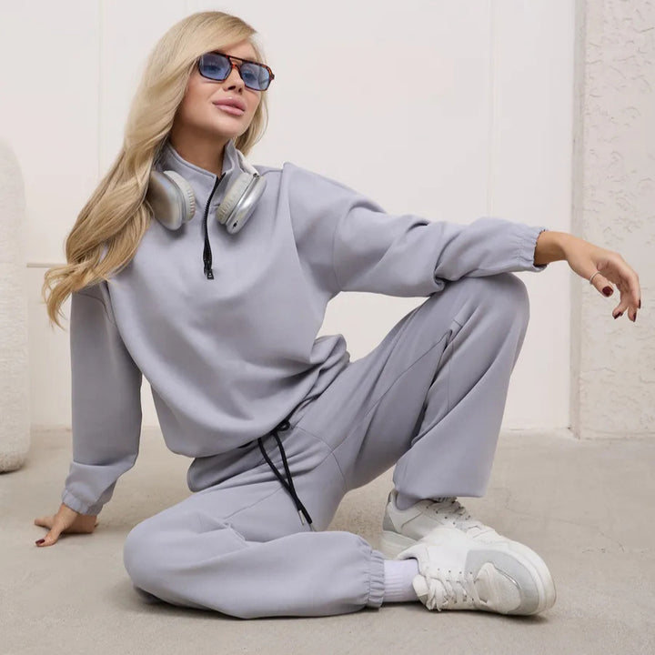 Damen Sportliches Loungewear-Set mit halbem Reißverschluss und elastischem Bund Drune