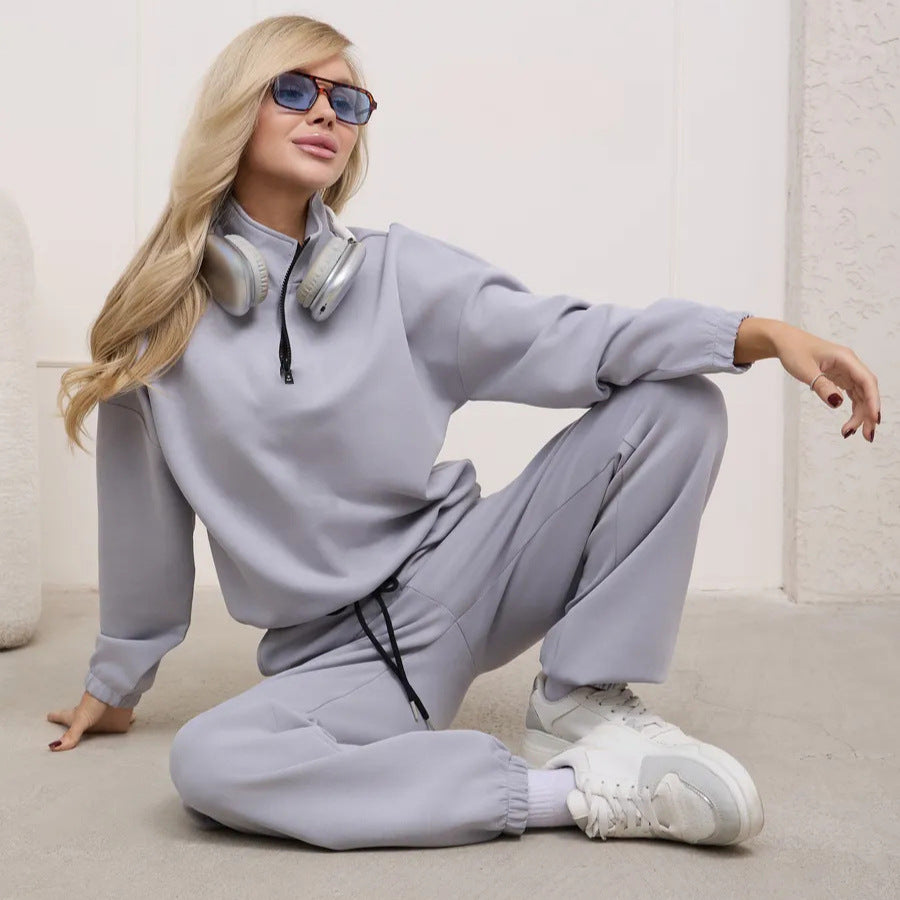 Damen lässiger Fleece-Jogginganzug mit halbem Reißverschluss und elastischen Bündchen Drune