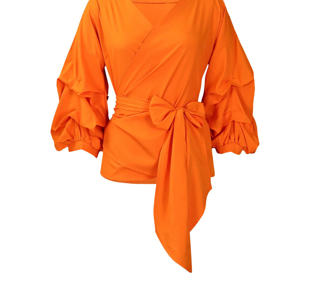 Damen Wickelbluse mit voluminösen Ärmeln und eleganter Schleifenbindung Drune