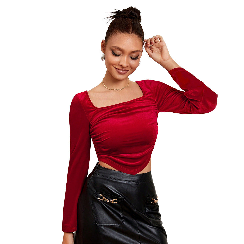 Damen Crop-Top mit eleganten Puffärmeln und asymmetrischem Rüschendesign Drune