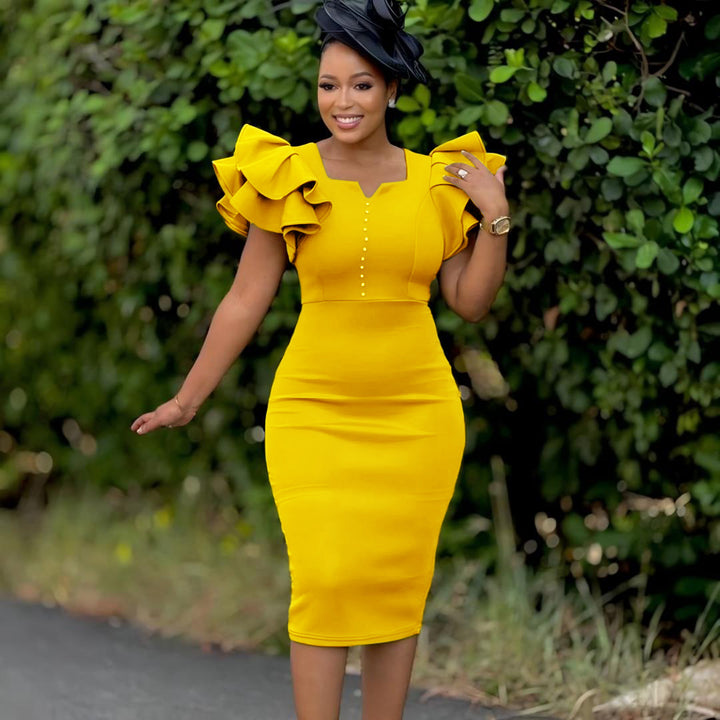 Damen figurbetontes Midi-Kleid mit voluminösen Rüschärmeln und Perlendetails Drune