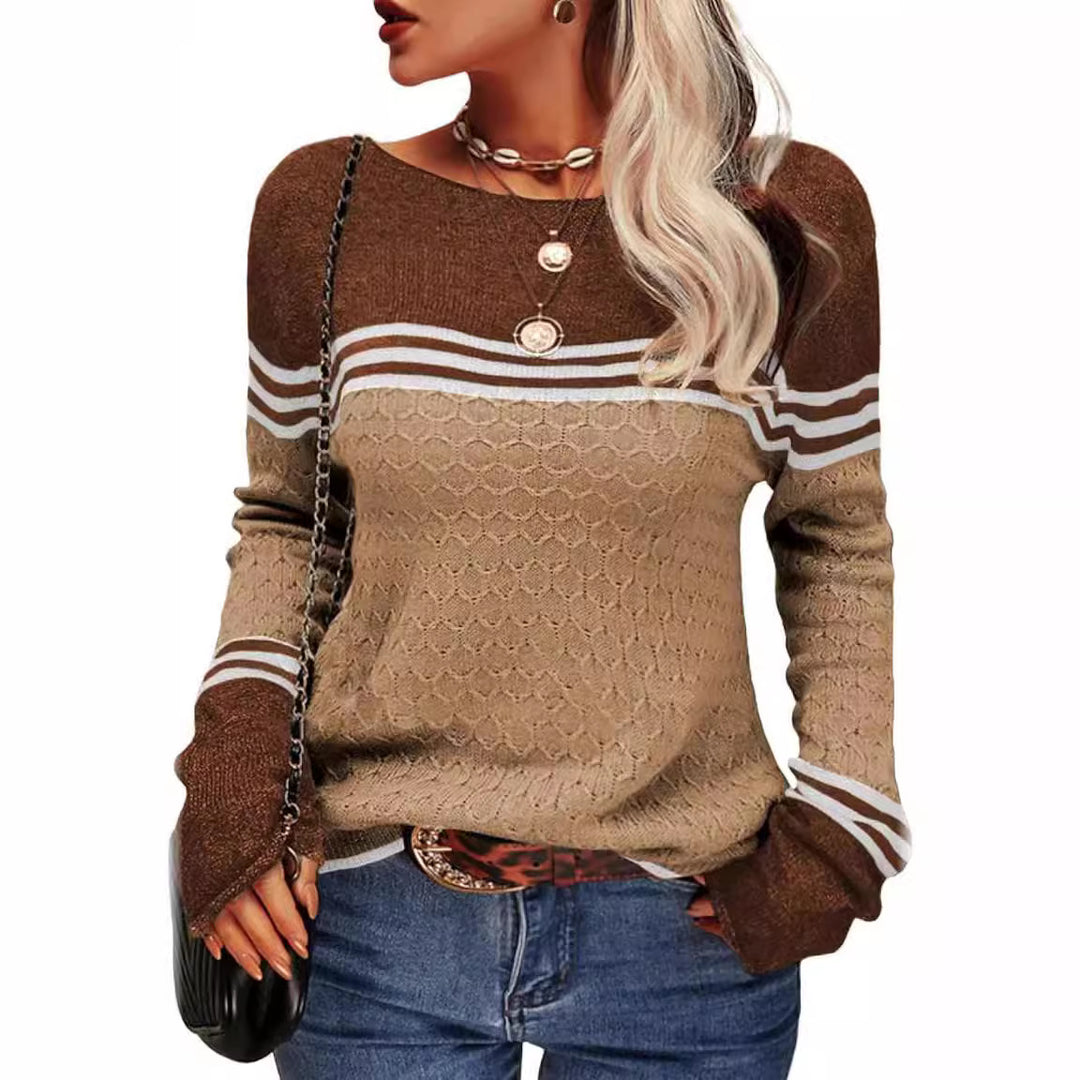 Damen lässiger Strickpullover mit kontrastierenden Farbblöcken und einzigartiger Textur Drune