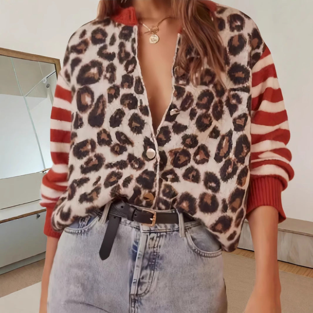 Damen Modische Jacke mit Tiermuster und gestreiften Ärmeln Drune