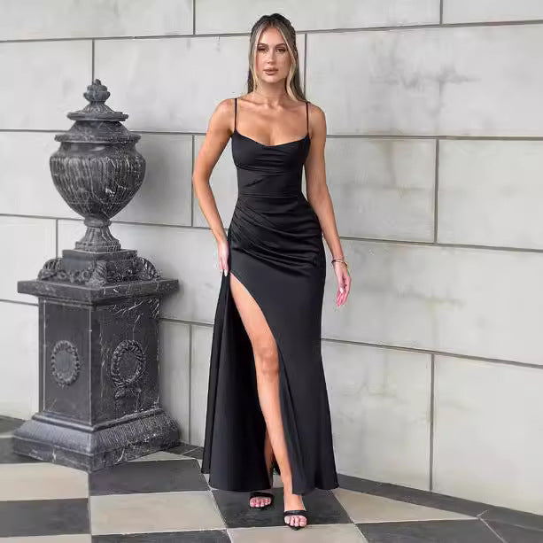 Damen Elegantes Hochgeschlossenes Maxikleid mit seitlichem Schlitz und feinen Spaghettiträgern Drune