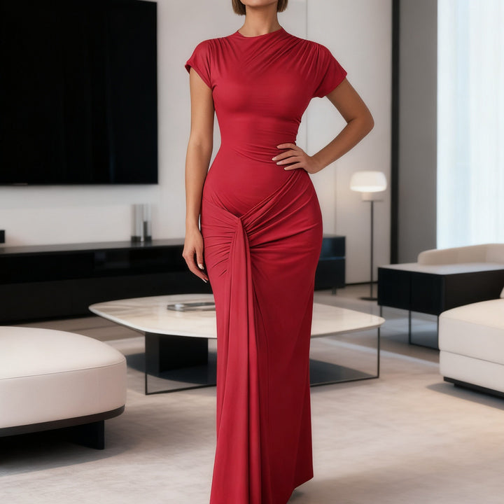 Damen Elegantes Langarm Maxi-Kleid mit Drapierung und figurformendem Schnitt Drune