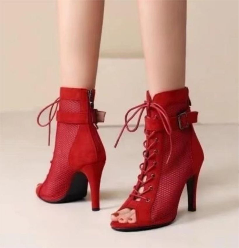 Damen Netz-Stiefeletten mit eleganter Schnürung und hohem Absatz Drune