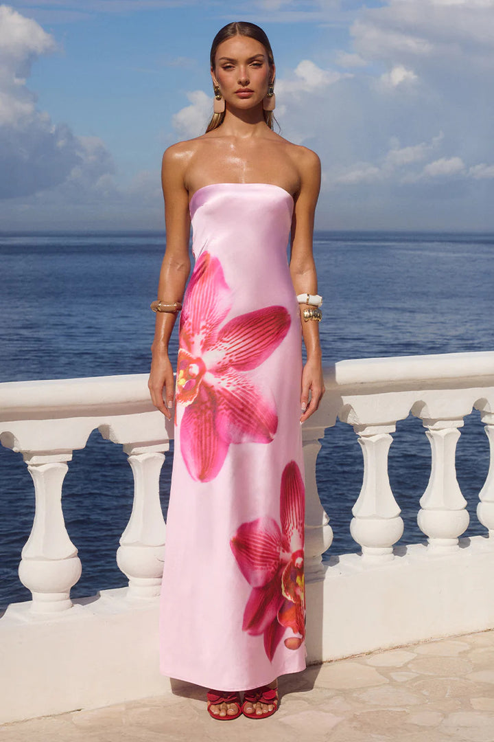 Damen Strapless Maxikleid mit floralem Druck und fließendem Stoff Drune