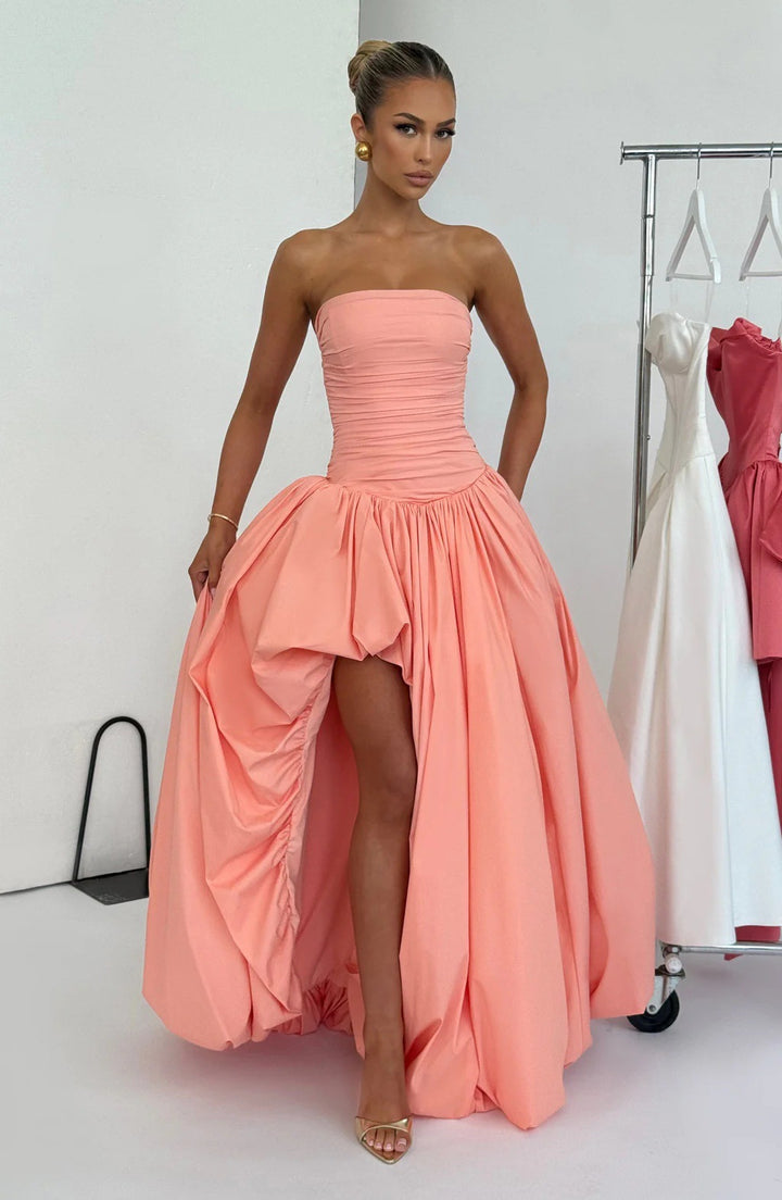 Damen Strapless Ballkleid mit hohem Schlitz und fließendem Rock Drune