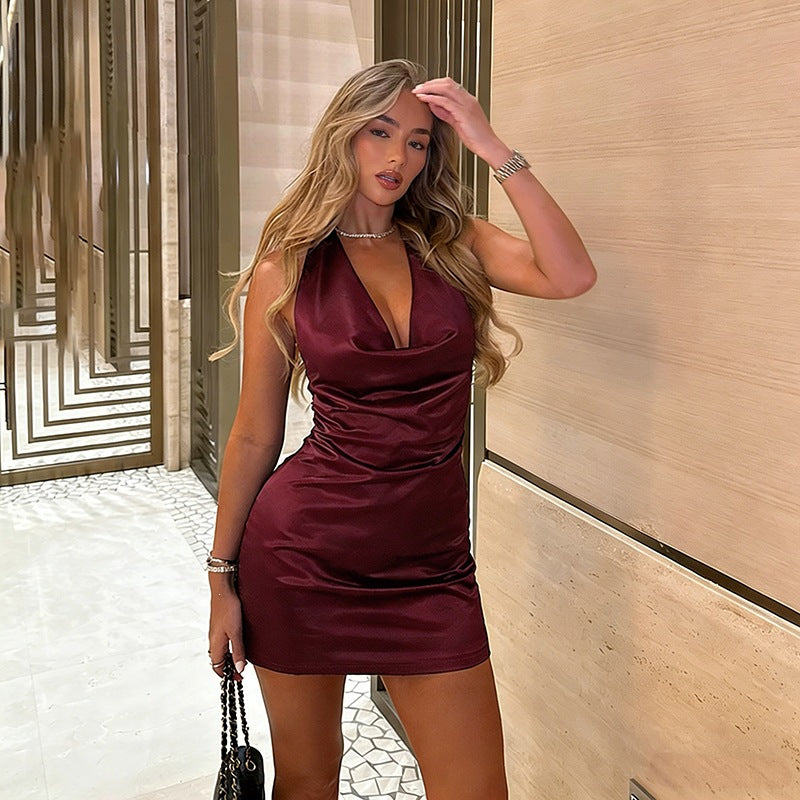 Damen figurbetontes Satin-Minikleid mit sexy Halterdesign Drune