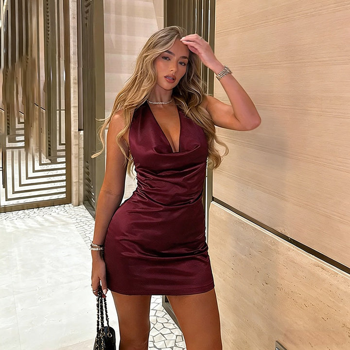 Damen figurbetontes Satin-Minikleid mit sexy Halterdesign Drune
