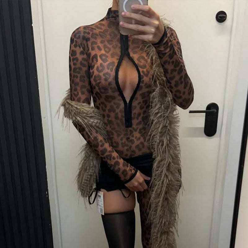 Damen Modischer Bodysuit mit tiefem V-Ausschnitt und Leopardenmuster Drune