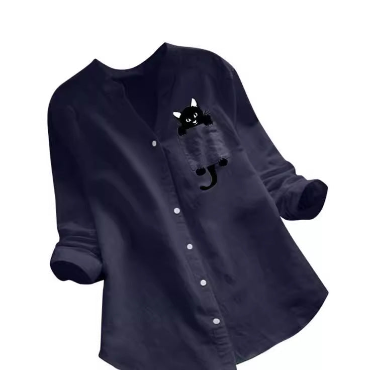 Damen trendige Bluse mit lustigem Katzenmotiv Drune