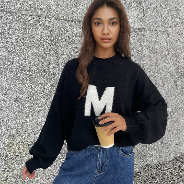 Damen Oversized Strickpullover mit einzigartigem Frontmotiv Drune