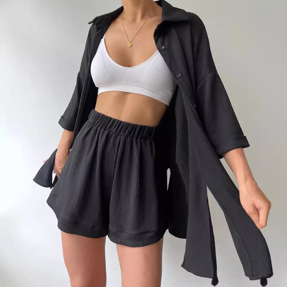 Damen lässiges Hemd und Shorts Set mit strukturiertem Stoff Drune