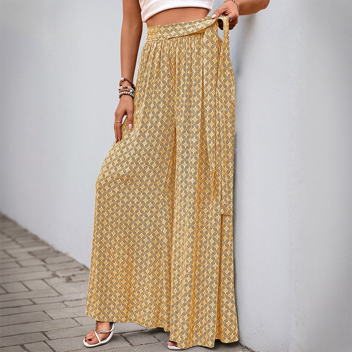 Damen Weite Palazzo-Hose mit seitlichem Bindegürtel und elegantem Print Drune
