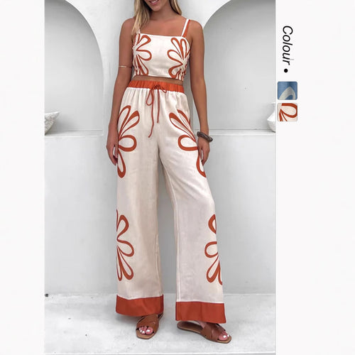 Damen Freizeitoberteil und weit geschnittene Hose mit floralem Muster Drune