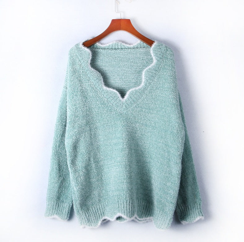 Damen weicher Strickpulli mit V-Ausschnitt und welligem Saum Drune