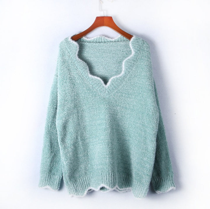 Damen kuscheliger Strickpullover mit tiefem V-Ausschnitt und gewellten Abschlüssen Drune