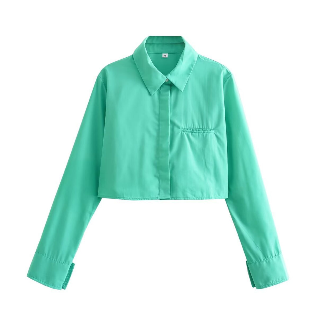 Damen cropped Bluse mit klassischem Kragen und praktischen Brusttaschen Drune