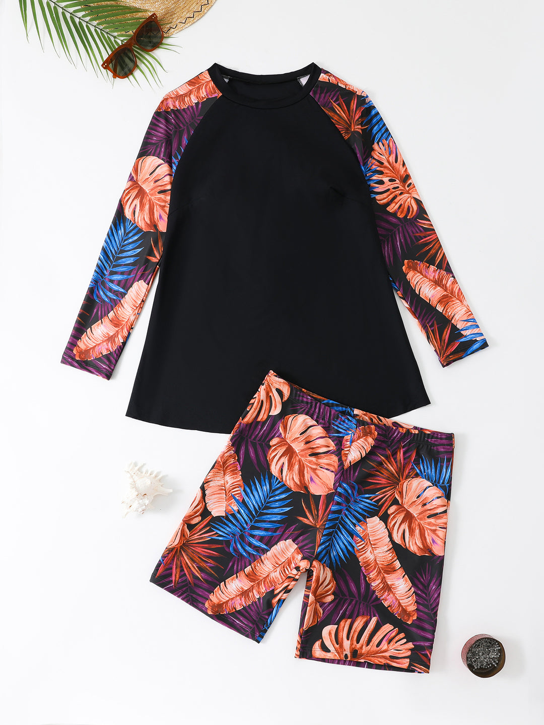 Damen Sportliches Surfanzug-Set mit langärmligen Oberteil und Shorts Drune