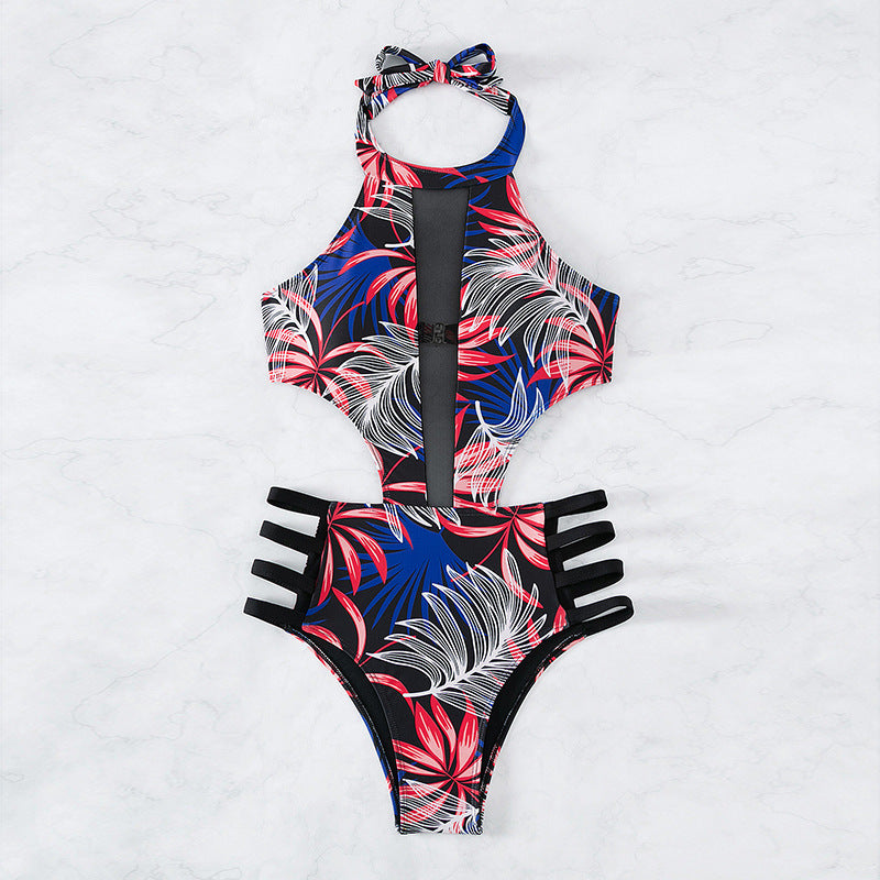 Damen Hochgeschlossener Badeanzug mit floralem Muster und Cut-Out Details Drune