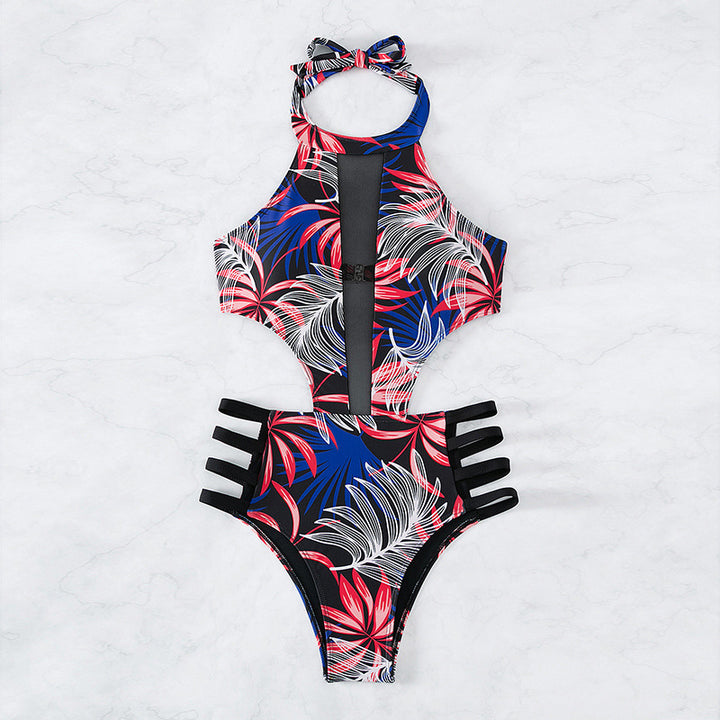 Damen Hochgeschlossener Badeanzug mit floralem Muster und Cut-Out Details Drune