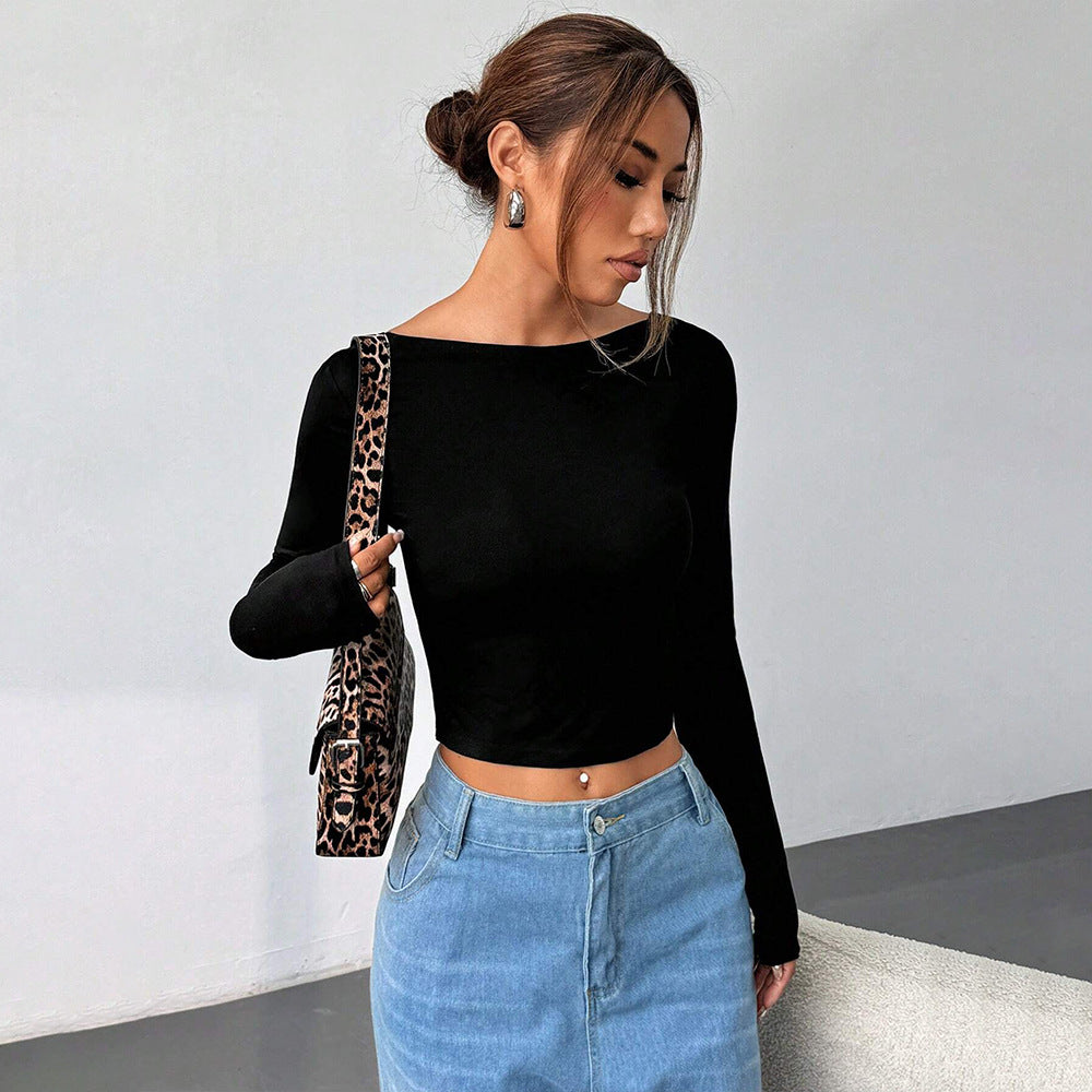 Damen Langarm-Crop-Top mit elegantem Rundhalsausschnitt und figurschmeichelndem Schnitt Drune